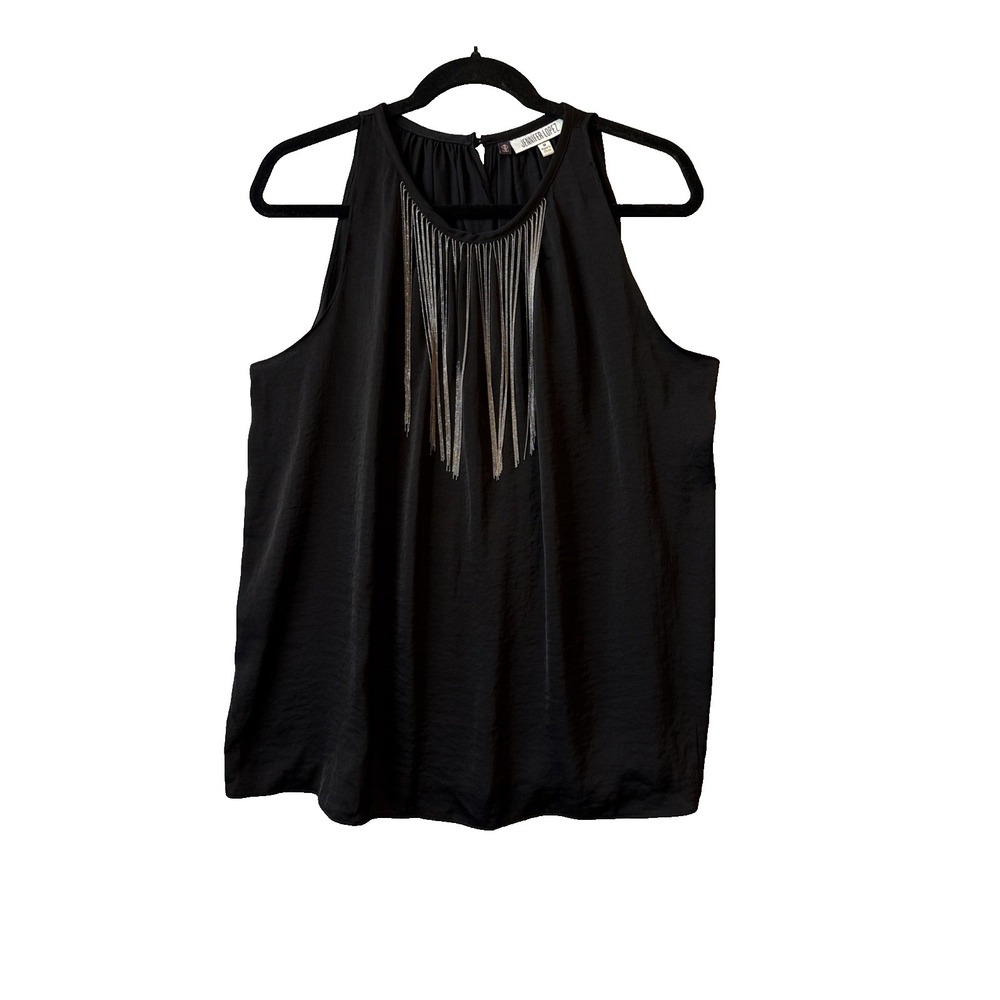 JLo Embellished Beaded Fringe Black Sleeveless Top M Indie Sleaze Rock Festival
